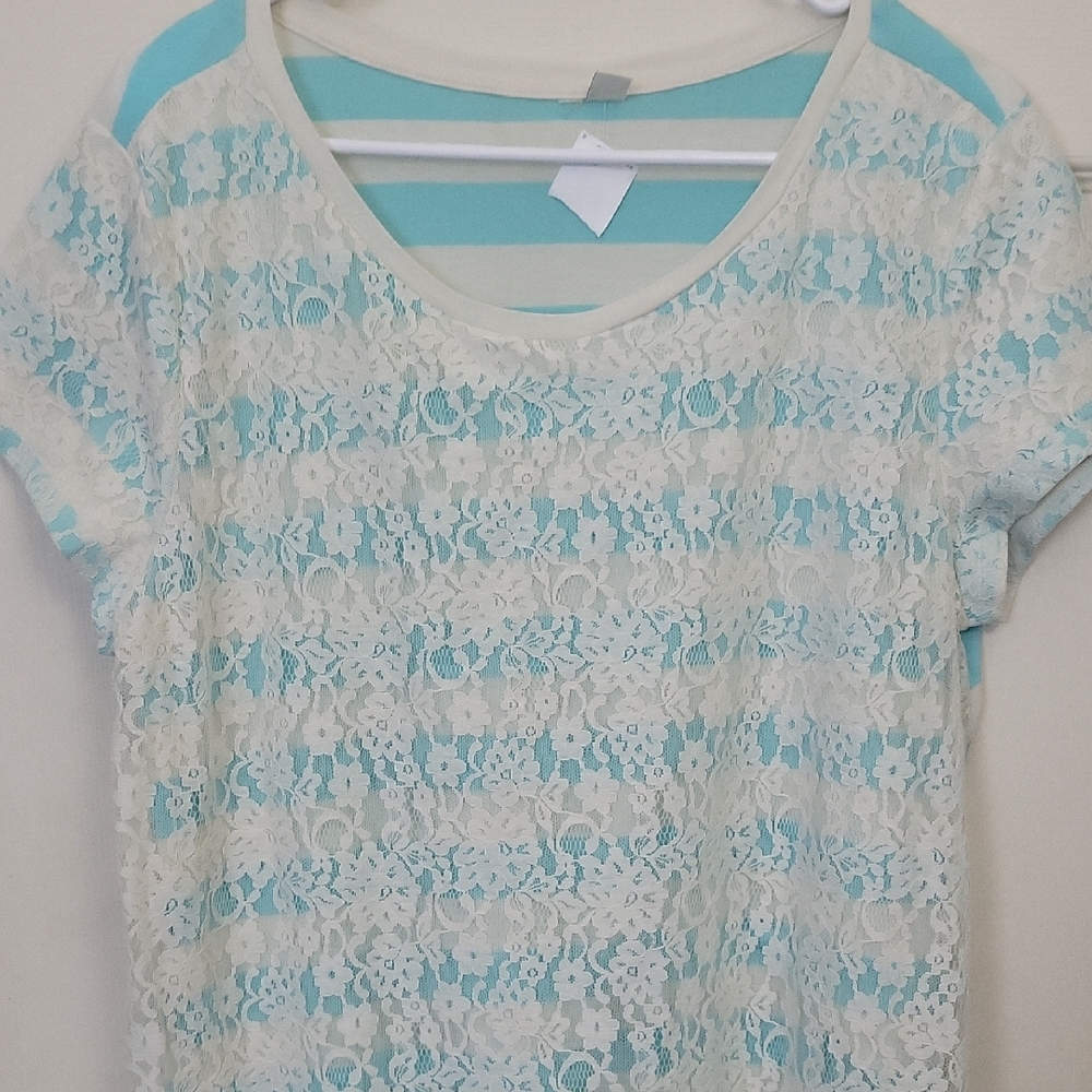 Women's Lace Overlay Top - Blue and White